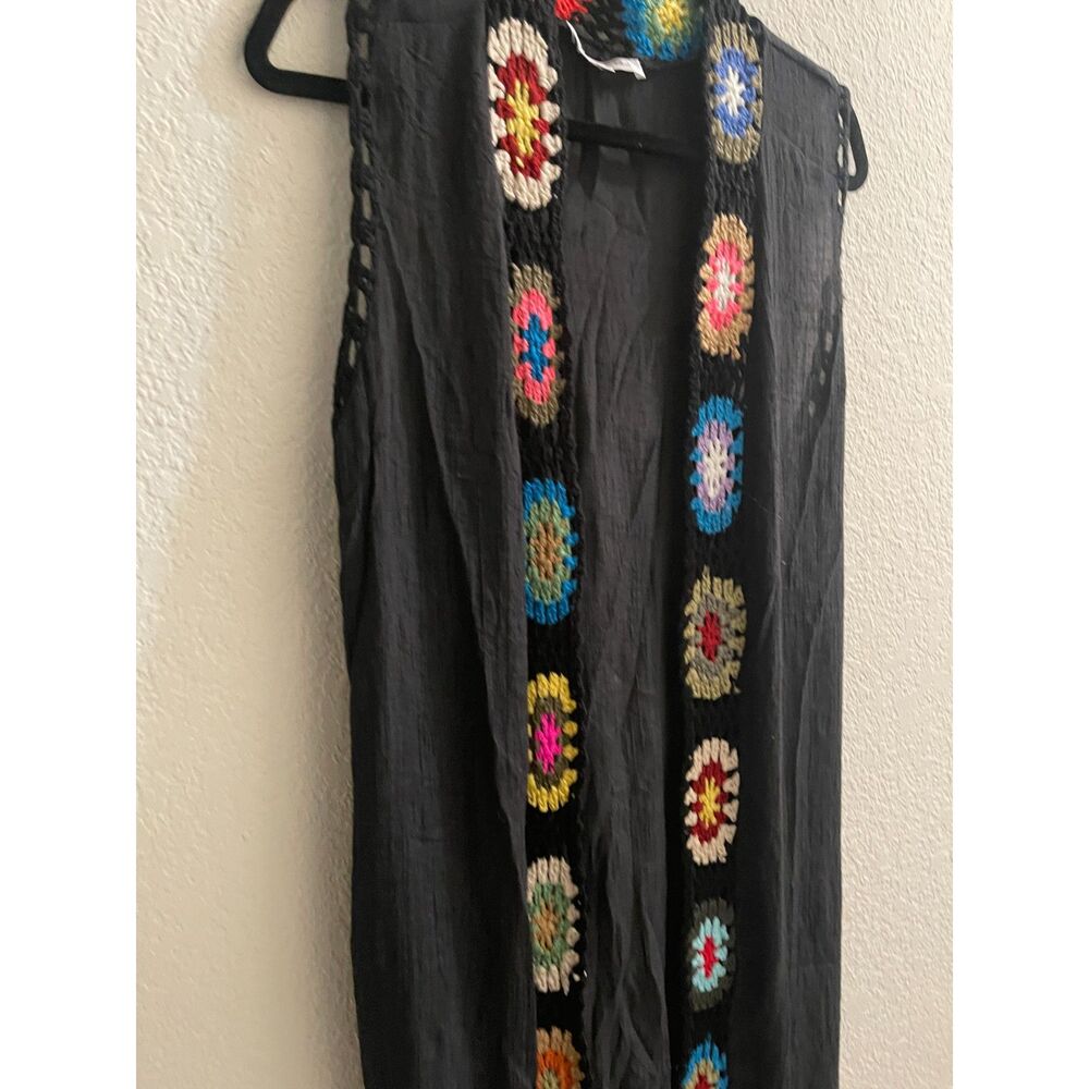 Vintage Crocheted Granny Square Black Long Vest w/Fringe Size Large by Kontrol - Picture 2 of 5